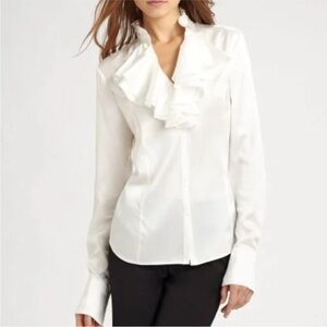 Lafayette 148 New York Silk Ruffle Blouse Cream Button Down Size 6